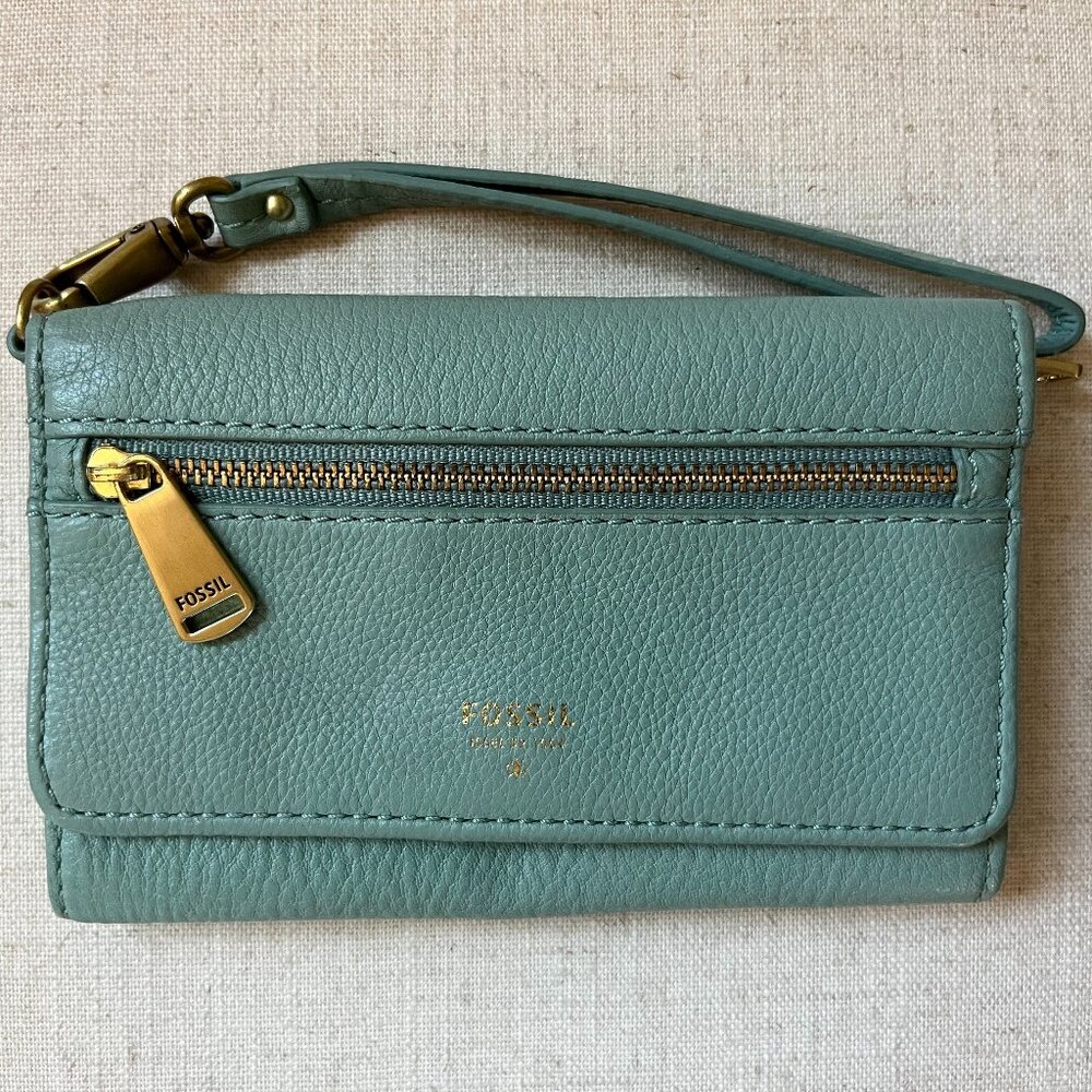 Fossil Teal Leather Phone Wallet Wristlet